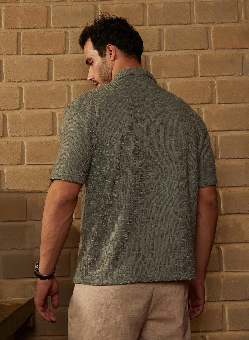 CAHOOT  Men's Olive Green Tactile-Resort Oversized Shirt For Casual Wear | Cuban Collar | Short Regular Sleeves | Button Closure | Oversized Shirt Crafted With Comfort Fit For Everyday Wear for Men | Best Price UAE